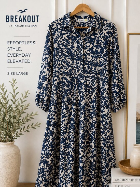 breakout Dresses & Skirts - Breakout Blue &‎ White Damask Print Midi Shirt Dress Size Large